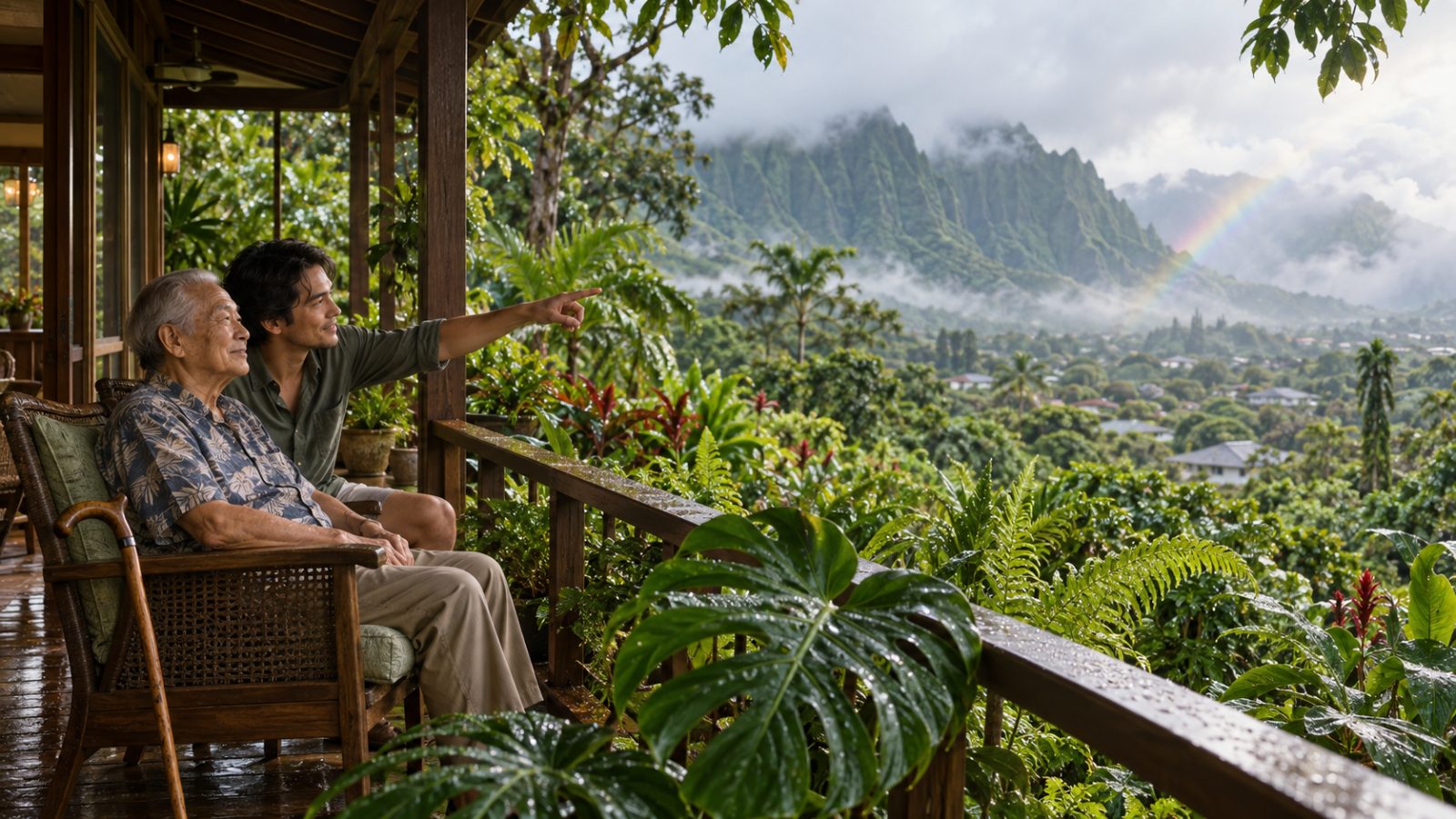 An older man and his son on a lanai overlooking Manoa Valley, with a rainbow over the mountains