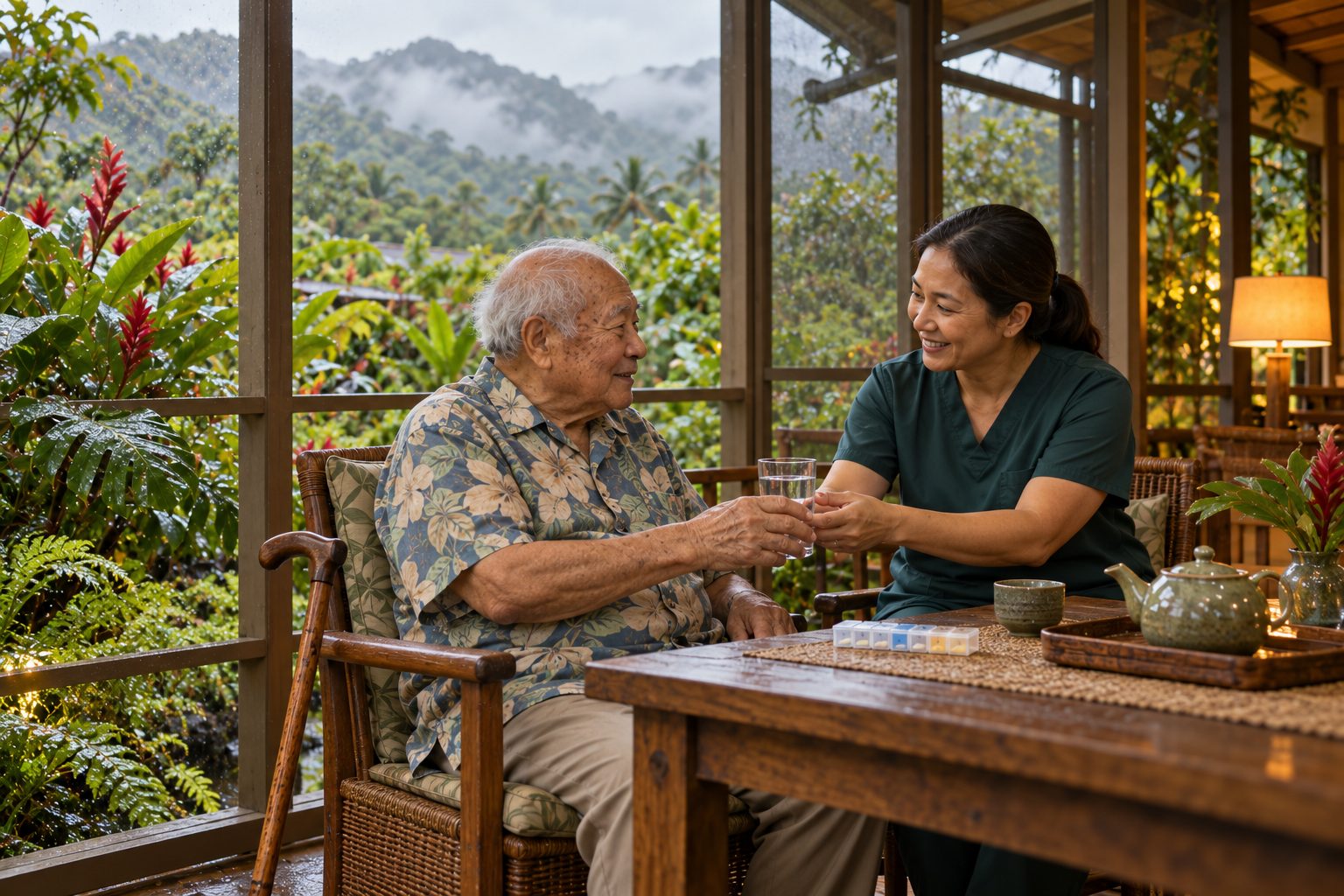 A caregiver sharing tea with an older man on a lanai