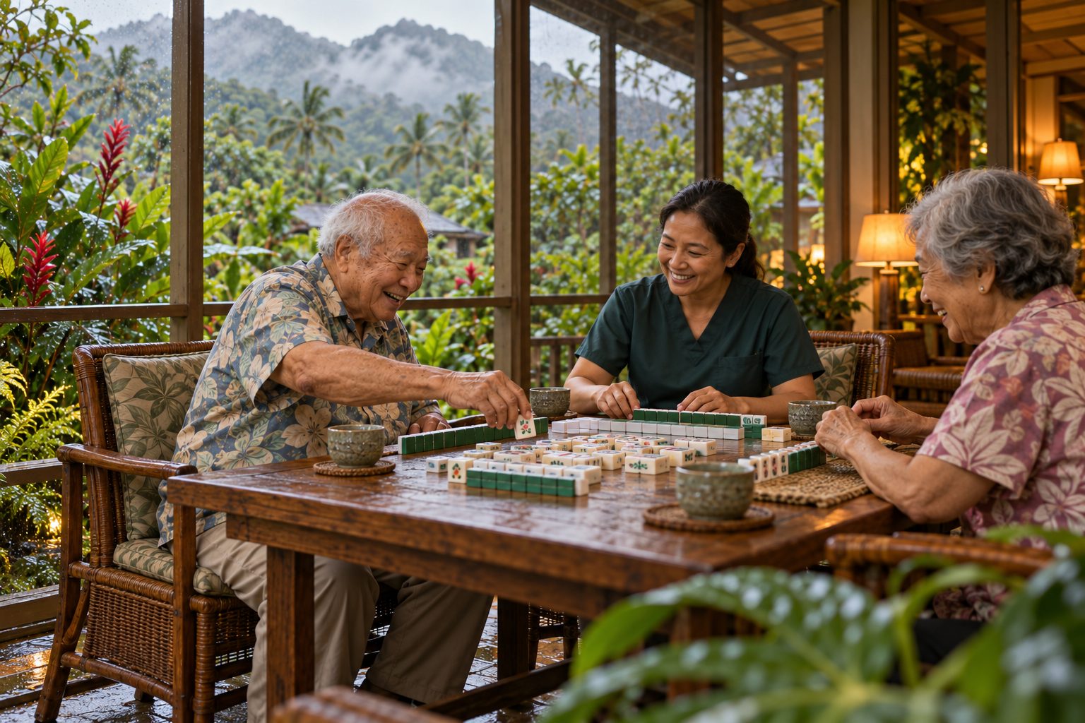 Kupuna playing mahjong with a caregiver on a covered lanai