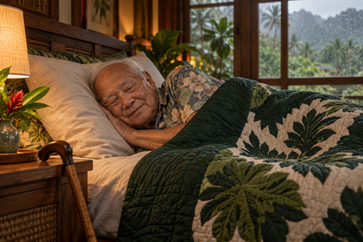 An older man sleeping peacefully under a Hawaiian quilt